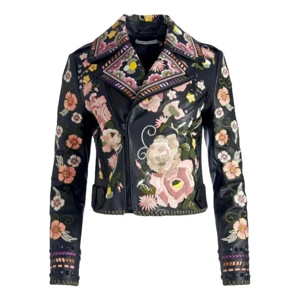 Stunning Alice + Olivia Cody Embroidered Leather Jacket